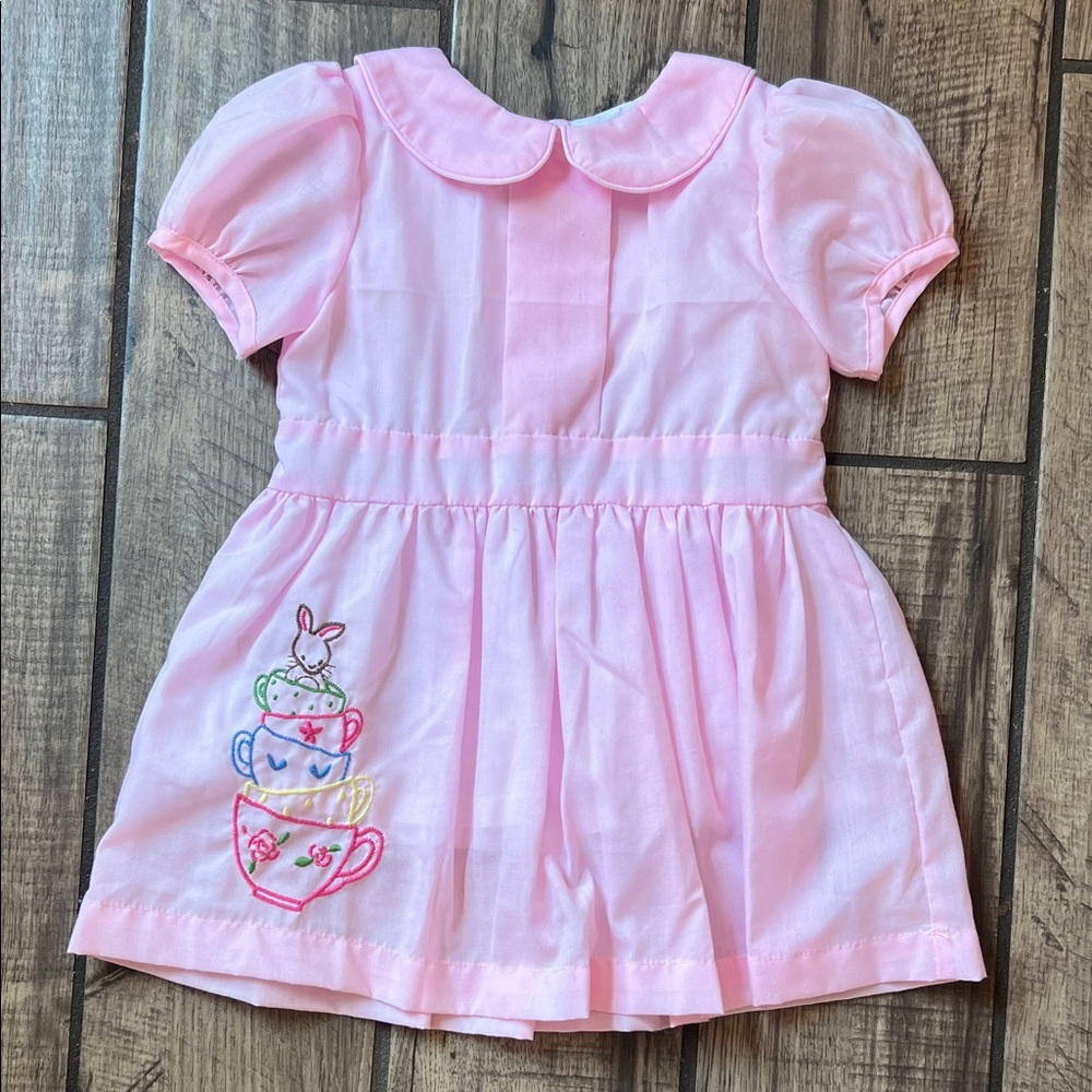 Pink Kids Dress with Embroidered Teacups